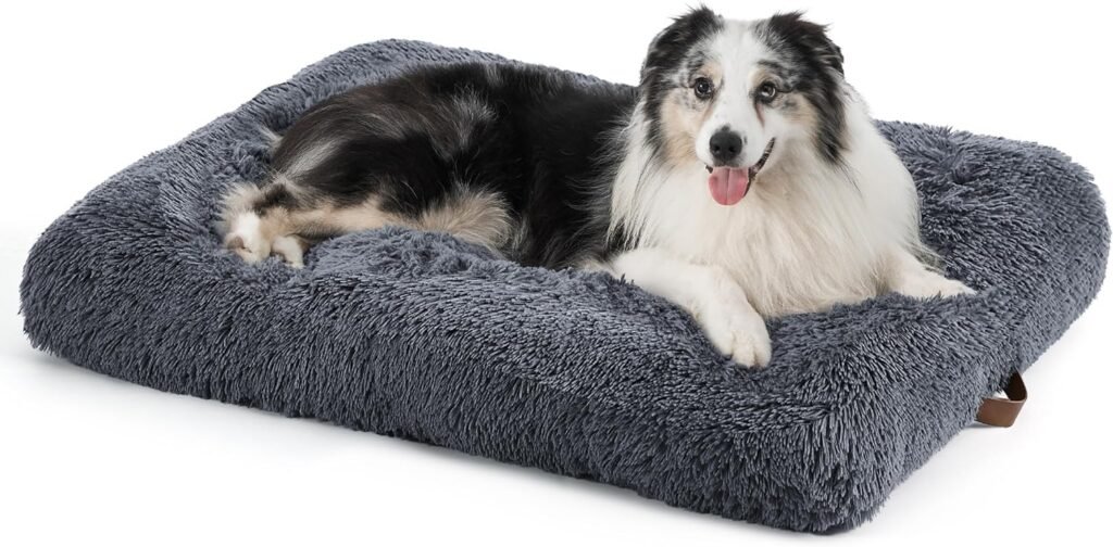 Bedsure Calming Dog Bed Large - Fluffy Dog Crate Mattress Washable with Anti Slip Bottom, Dog Anxiety Pillow Cushion for Large Pets, Grey, 89x58x8cm