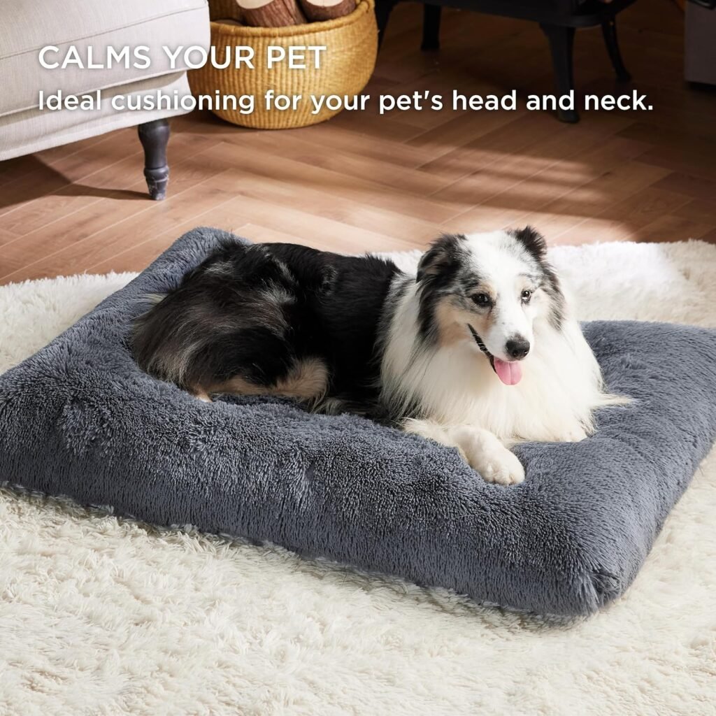 Bedsure Calming Dog Bed Large - Fluffy Dog Crate Mattress Washable with Anti Slip Bottom, Dog Anxiety Pillow Cushion for Large Pets, Grey, 89x58x8cm