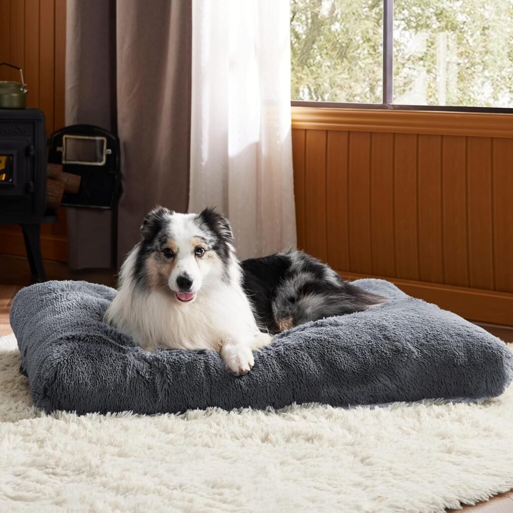 Bedsure Calming Dog Bed Large - Fluffy Dog Crate Mattress Washable with Anti Slip Bottom, Dog Anxiety Pillow Cushion for Large Pets, Grey, 89x58x8cm