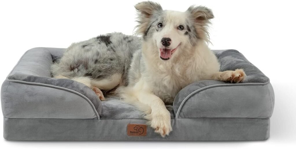 Bedsure Large Dog Bed Sofa - Washable Orthopedic Dog Beds and Couch with Removable Flannel Cover, Waterproof Dog Pillow with U-Shape Bolster, Grey Squre Pet Bed Fits up to 30kg, 89x63x16cm