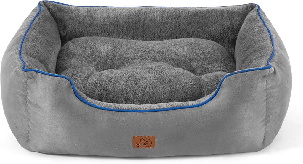 Bedsure Medium Dog Beds Washable - Indoor Orthopedic Puppy Bed for Medium and Large Cat, Fluffy Rectangle Cuddle Pet Bed with Anti-Slip Bottom, Grey, 63.5x53x20cm