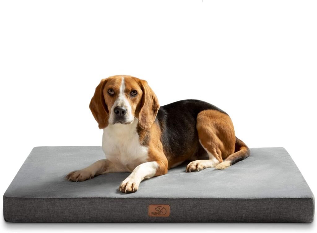 Bedsure Memory Foam Dog Bed Large - Orthopedic Mattress for Crate with Removable Washable Cover, Waterproof Flat Dog Bed for Human, Grey, 89x56cm