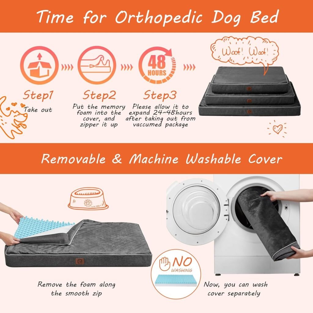 EHEYCIGA Memory Foam Dog Bed Large Washable, Orthopedic Dog Beds Waterproof Dog Mattress for Crate Bed, Soft Flannel Flat Pet Bed Cushion Mat with Removable Cover, 89x58x7.5cm, Dark Grey