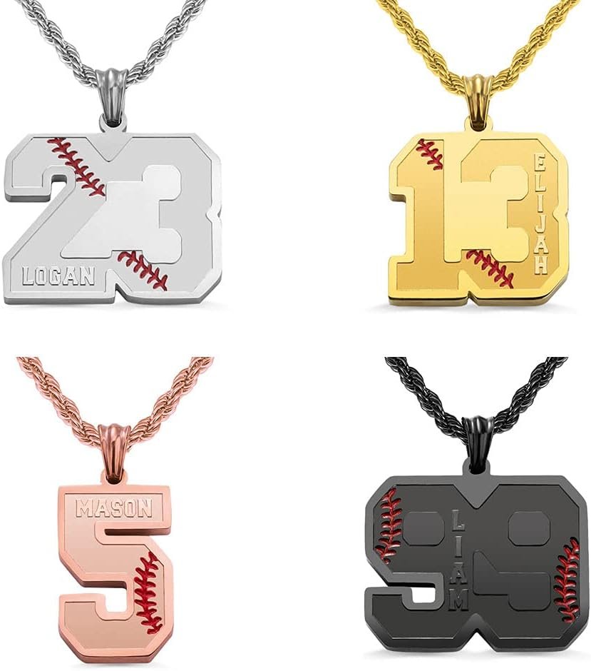 Custom Number Necklace For Men Athletes Stainless Steel Personalized Back Engraved/Name Baseball Pendant Necklace For Son Baseball Chain Charm Sport Softball Team Inspiration Jewelry Christmas Gifts