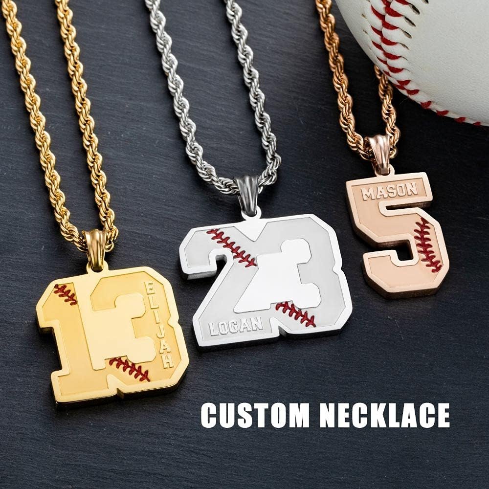 Custom Number Necklace For Men Athletes Stainless Steel Personalized Back Engraved/Name Baseball Pendant Necklace For Son Baseball Chain Charm Sport Softball Team Inspiration Jewelry Christmas Gifts