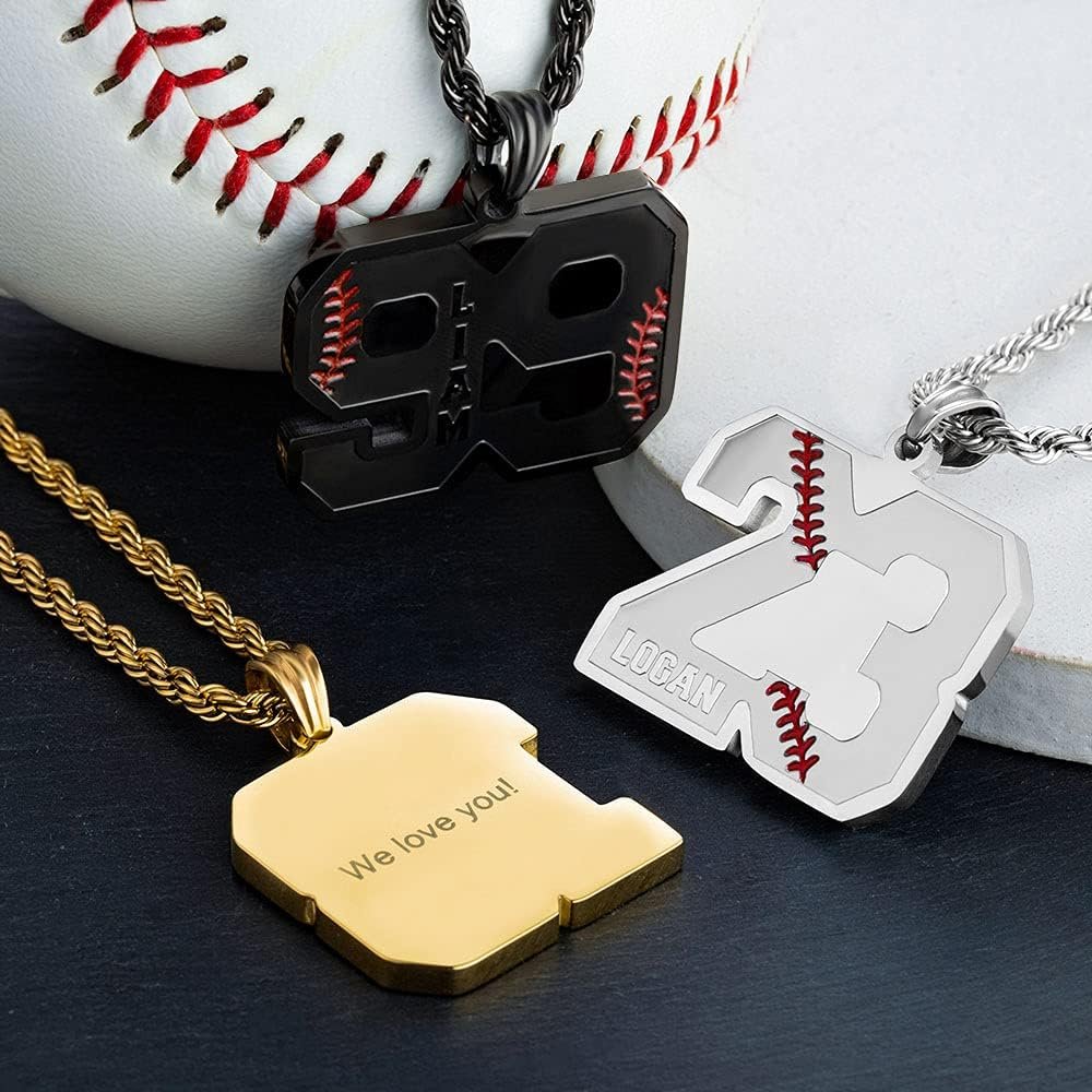 Custom Number Necklace For Men Athletes Stainless Steel Personalized Back Engraved/Name Baseball Pendant Necklace For Son Baseball Chain Charm Sport Softball Team Inspiration Jewelry Christmas Gifts