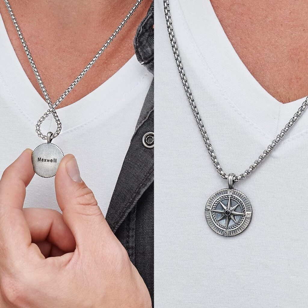 MYKA - Personalized Mens Engraved Compass Pendant Necklace in Sterling Silver 925 - Customized Summer Gift For Men, Boyfriend, Husband, Him, Brother - For Birthday, Christmas, Xmas, Fatherâ€™s Day, Anniversary