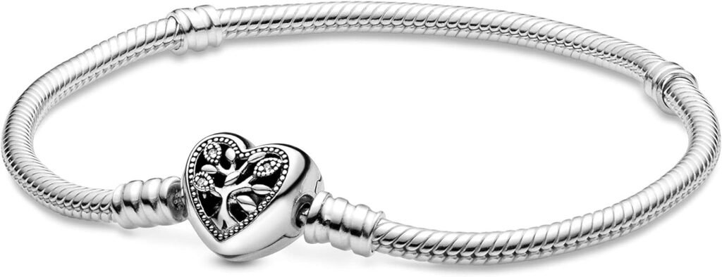 Pandora Moments Family Tree Heart Clasp Snake Chain Bracelet - Compatible Moments Charms - Sterling Silver, Cubic Zirconia  Black Enamel Charm Bracelet for Women - Gift for Her - 7.9