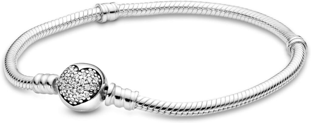 Pandora Moments Sparkling Heart Clasp Snake Chain Bracelet - Compatible Moments Charms - Sterling Silver  Cubic Zirconia Charm Bracelet for Women - Gift for Her - 6.7