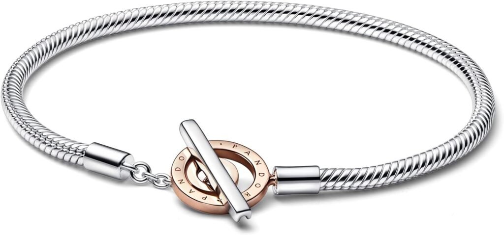 Pandora Moments T-Bar Closure Snake Chain Bracelet - Two-Tone Charm Bracelet for Women - Compatible Moments Charms Rose Gold Sterling Silver - Gift for Her