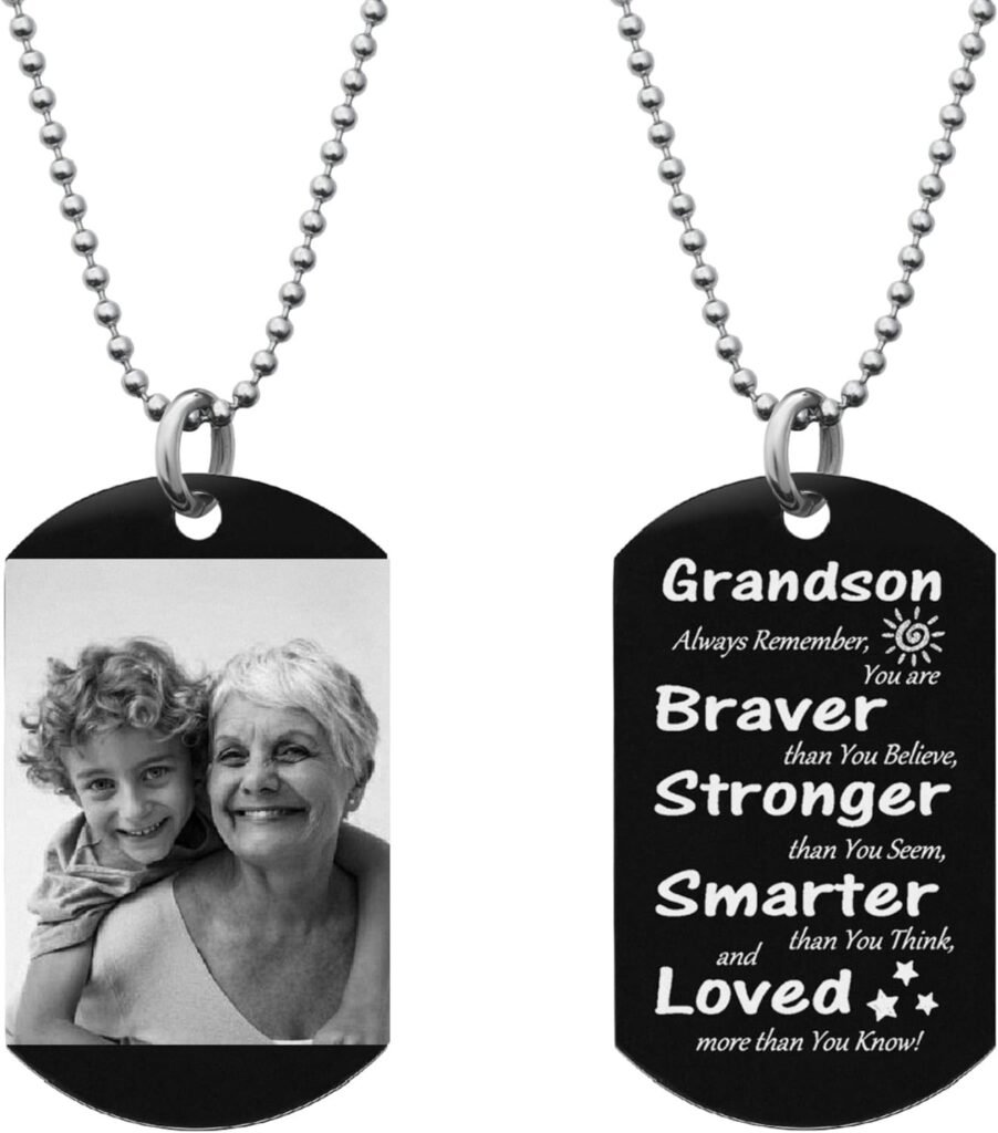 Queenberry Grandson Braver Stronger Smarter Love Granddad Grandma Photo Engraving Custom Dog Tag/Necklace - Black/Blue