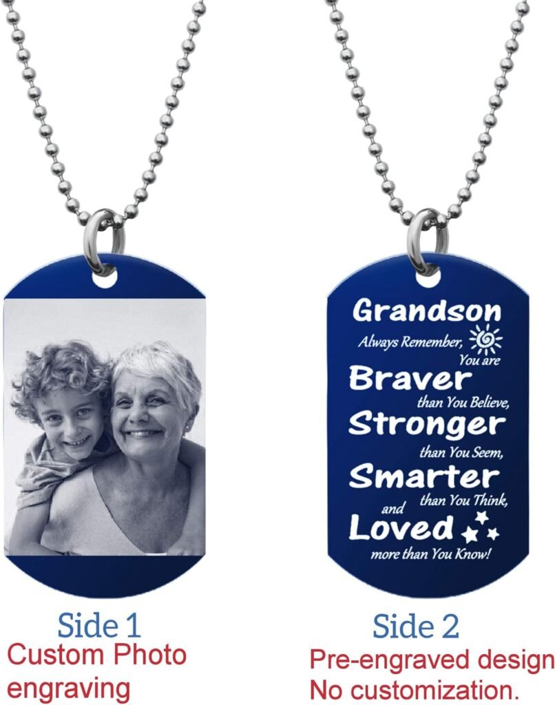 Queenberry Grandson Braver Stronger Smarter Love Granddad Grandma Photo Engraving Custom Dog Tag/Necklace - Black/Blue