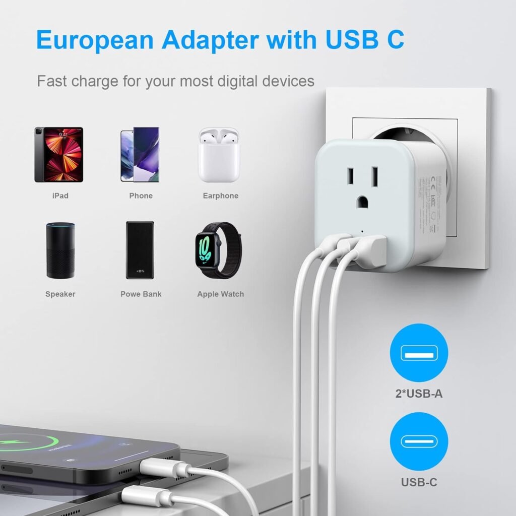 2 Pack European Travel Plug Adapter Foldable Type C/L 2 in 1 Europe Italy Power Plug Adapter with 3 USB (1 USB C Port) 1 AC Outlets Travel Essentials for Most of EU Italy France Germany Spain