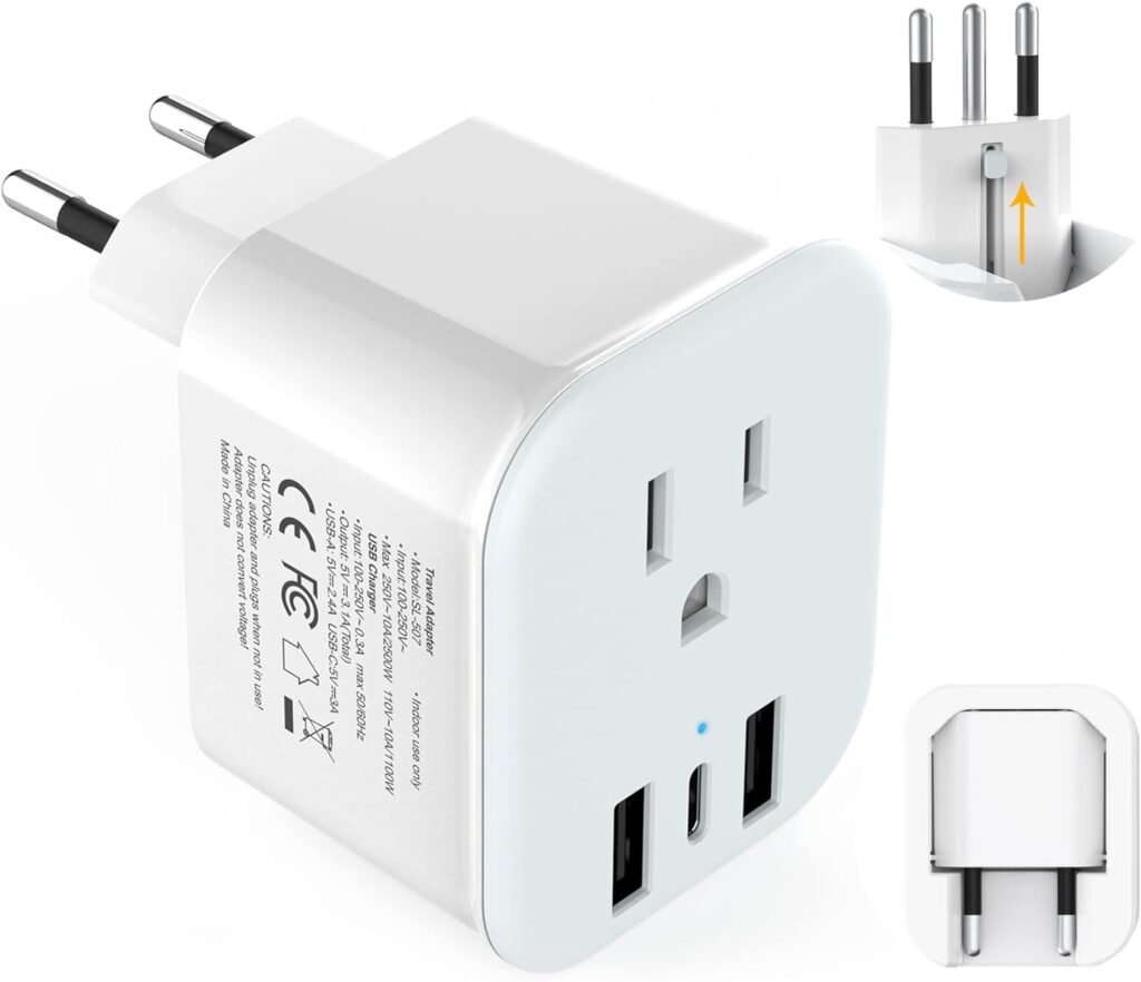 2 Pack European Travel Plug Adapter, LANUEE Italy Power Adapter with USB C Port, 2 in 1 Type C/L Foldable EU Outlet Adapter,Travel Accessories to Greece,Israel,France, Spain