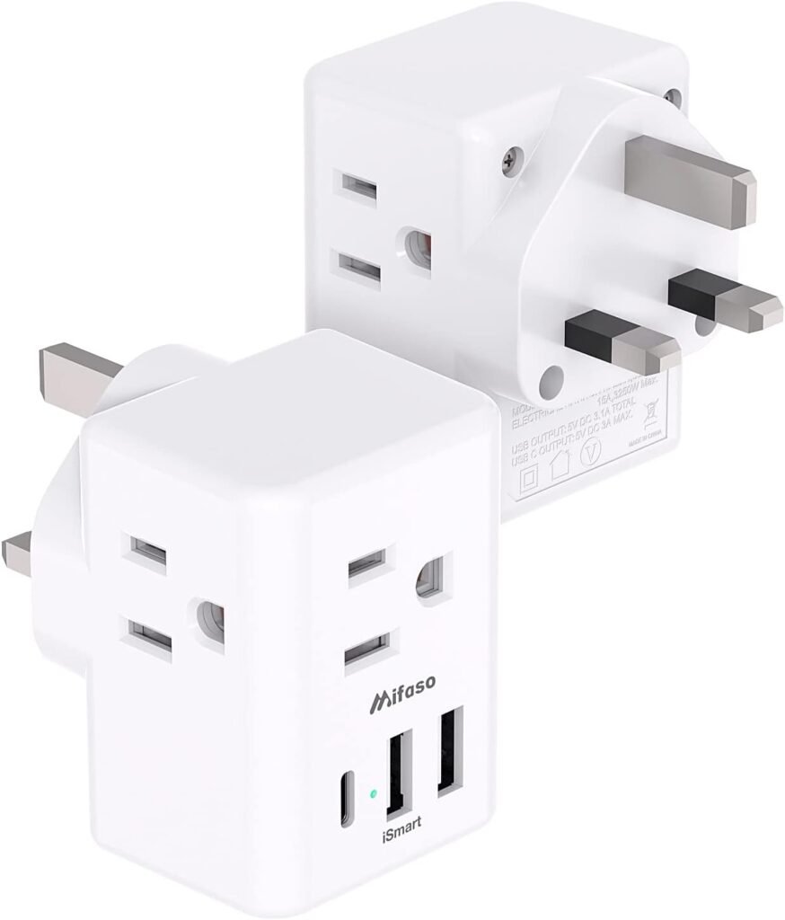 [2-Pack] UK Travel Plug Adapter - US to UK Plug Adapter, Type G International Plug Adapter, Dubai England Ireland Travel Essentials, UK Power Adapter with 3 Electrical Outlet 3 USB Charger(1 USB C)