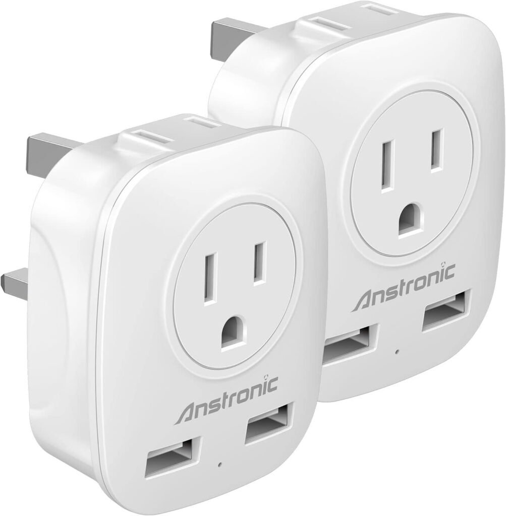 [2-Pack] US to UK Ireland Travel Plug Adapter, Anstronic International Power Adapter with 2 USB, 4 in 1 Power Outlet Adaptor for USA to British England Dubai Irish Scotland Hong Kong(Type G)