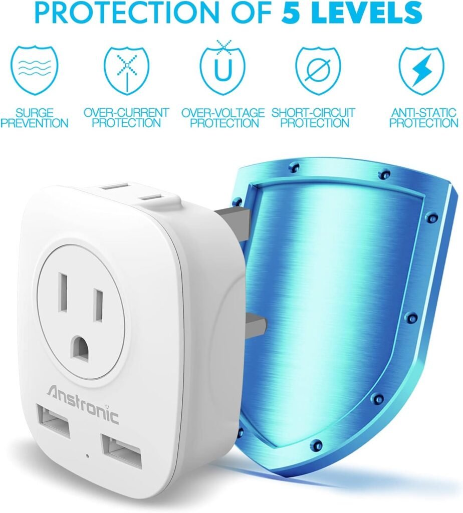 [2-Pack] US to UK Ireland Travel Plug Adapter, Anstronic International Power Adapter with 2 USB, 4 in 1 Power Outlet Adaptor for USA to British England Dubai Irish Scotland Hong Kong(Type G)