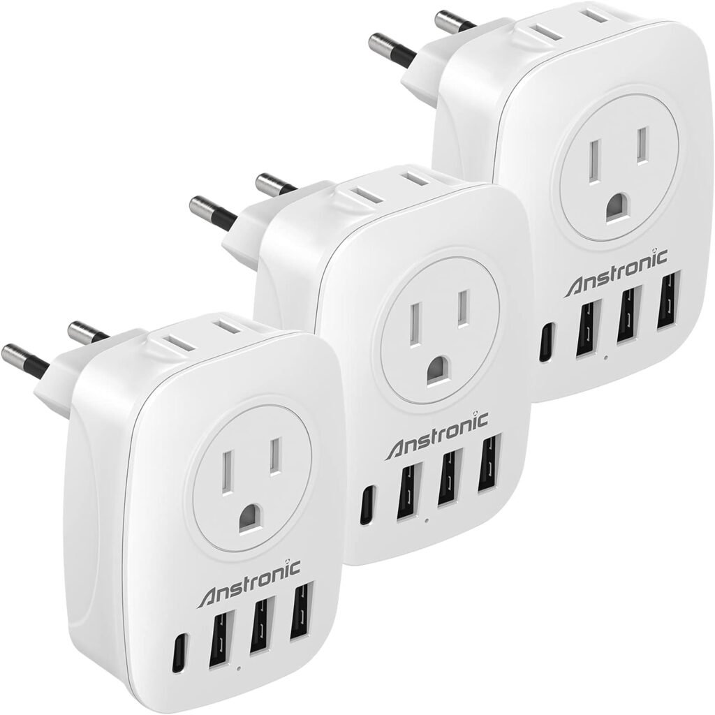 [3-Pack] European Travel Plug Adapter, Anstronic International Power Adaptor with 2AC Outlets  3USB-A  1USB-C Charger from USA to Most of Europe EU Spain Germany France Italy Israel(Type C)