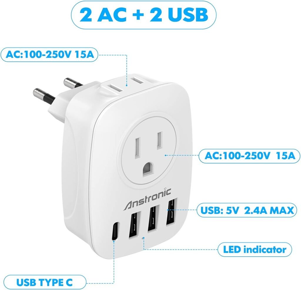 [3-Pack] European Travel Plug Adapter, Anstronic International Power Adaptor with 2AC Outlets  3USB-A  1USB-C Charger from USA to Most of Europe EU Spain Germany France Italy Israel(Type C)