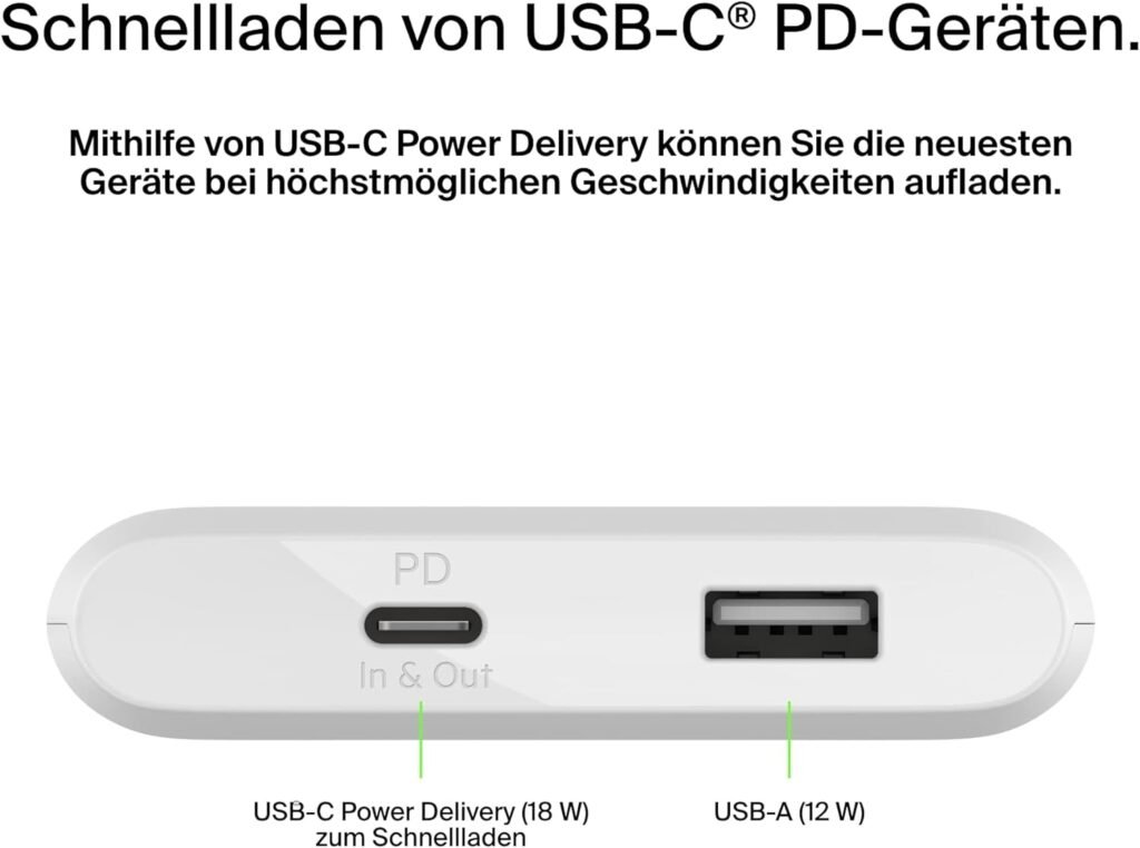 Belkin 10000mAh Power Bank, USB-C Power Delivery, Portable Fast Charger with 18W USB-C and 12W USB-A Port, 10K Travel Battery Pack for Samsung Galaxy, Pixel, iPhone, iPad, Tablets - White