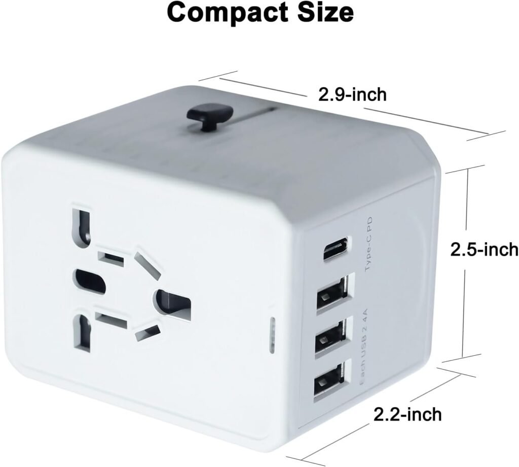 DTECH International Universal Travel Adapter Power Plug Converter European Outlet Wall Charger Hub with 1 USB C 3 Type A Port 100v to 240v for US to Europe UK EU AUS Worldwide (Type C/G/A/I), White