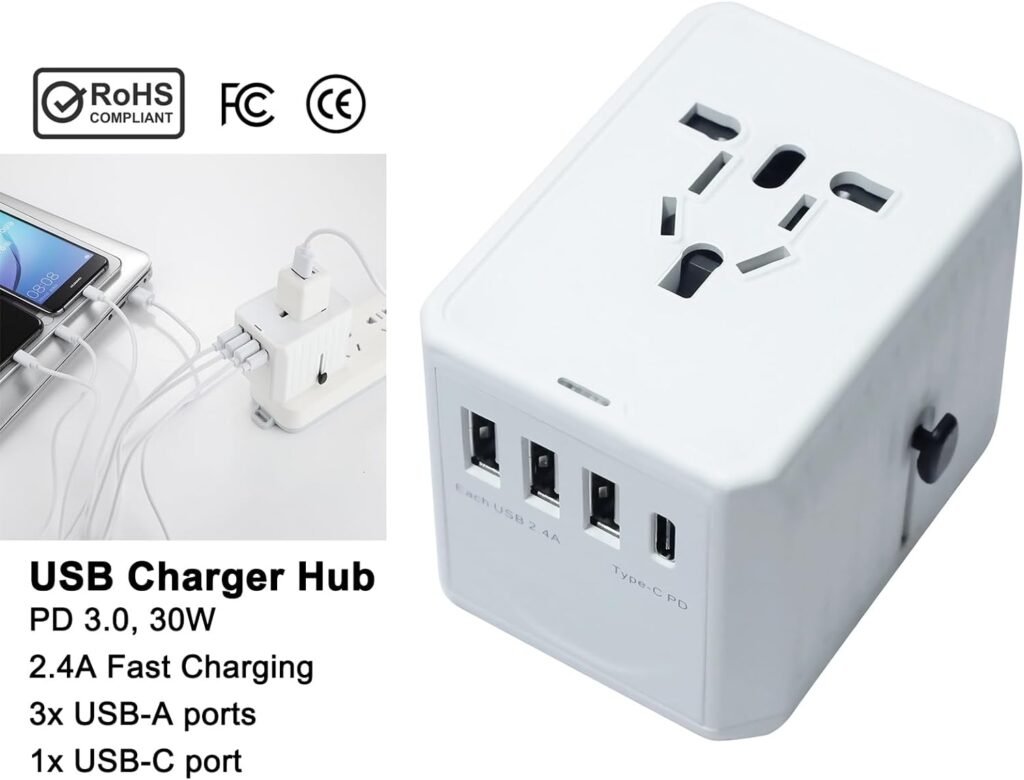 DTECH International Universal Travel Adapter Power Plug Converter European Outlet Wall Charger Hub with 1 USB C 3 Type A Port 100v to 240v for US to Europe UK EU AUS Worldwide (Type C/G/A/I), White