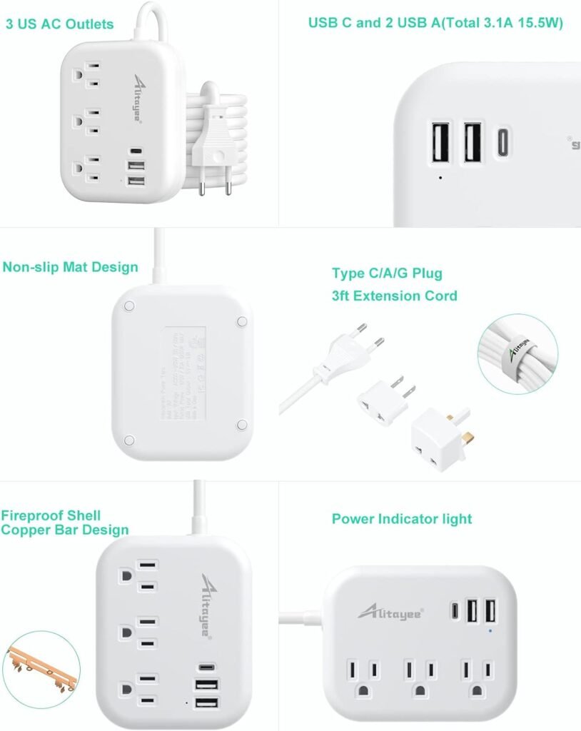 European Travel Plug Adapter, Alitayee EU/UK/US Travel Power Strip with 3 Outlets 3 USB Ports, International Universal Plug Adapter with 3ft Extension Cord to EU UK Italy Spain France Germany Cruise