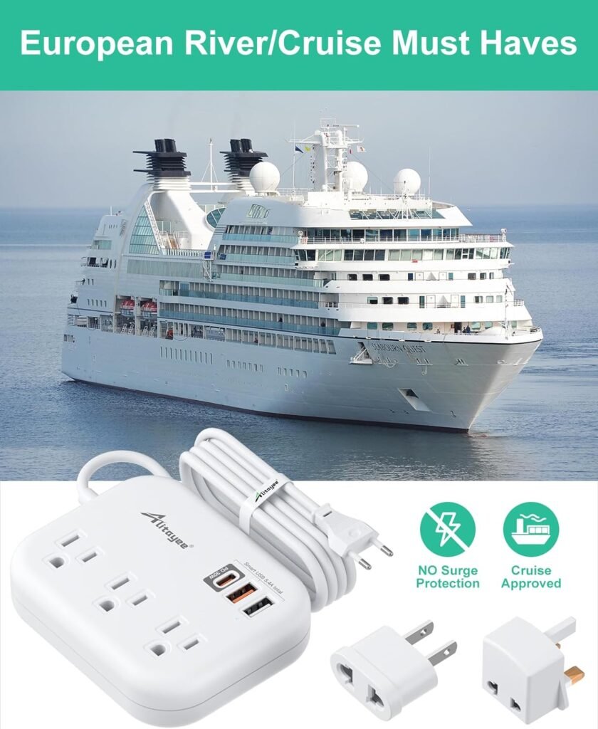 European Travel Plug Adapter, Alitayee EU/UK/US Travel Power Strip with 3 Outlets 3 USB Ports, International Universal Plug Adapter with 3ft Extension Cord to EU UK Italy Spain France Germany Cruise