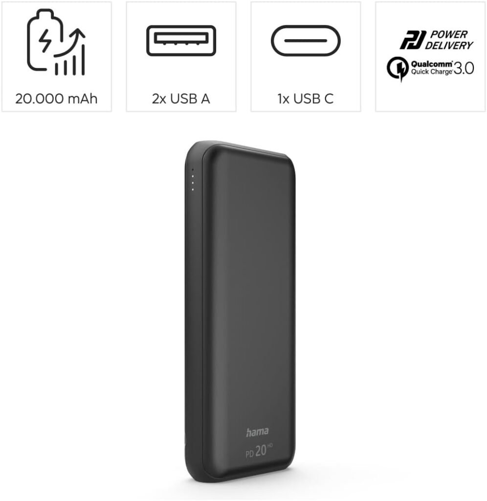 Hama Powerbank PD10-HD 10000 mAh (External Battery with 1x USB C + 2x USB A, Power Pack Certified, Fast Charging, Battery Pack Mobile Phone, Tablet, Bluetooth Speaker etc., Portable Charger Small),