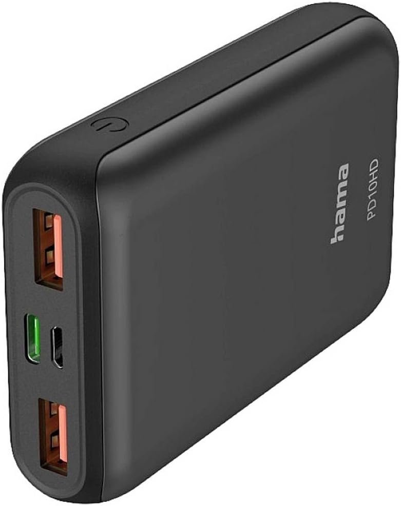 Hama Powerbank PD10-HD 10000 mAh (External Battery with 1x USB C + 2x USB A, Power Pack Certified, Fast Charging, Battery Pack Mobile Phone, Tablet, Bluetooth Speaker etc., Portable Charger Small),