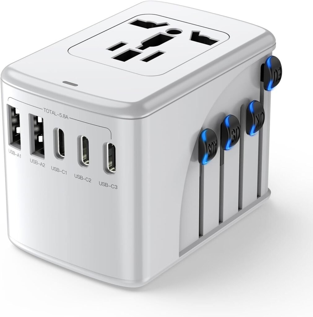 International Travel Adapter Universal Plug - Travel Adapter Worldwide with 5.8A 3 USB C 2 USB A - European Travel Plug Adapter Power Adapter for Europe EU UK US Spain Switzerland Ireland Italy