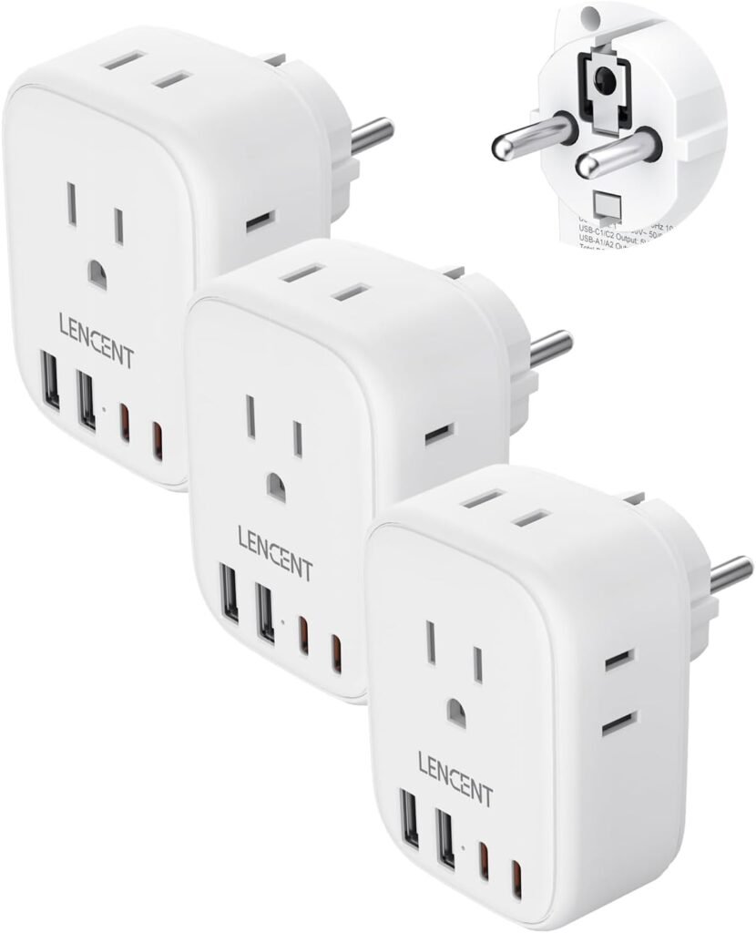 LENCENT 2 Pack Germany France Travel Power Adapter, Schuko Type E/F Power Plug Adaptor with 4 USB Ports(2 Type C),4 Outlet Converter, US to EU Spain French German Norway Iceland Korea, Cruise Approved