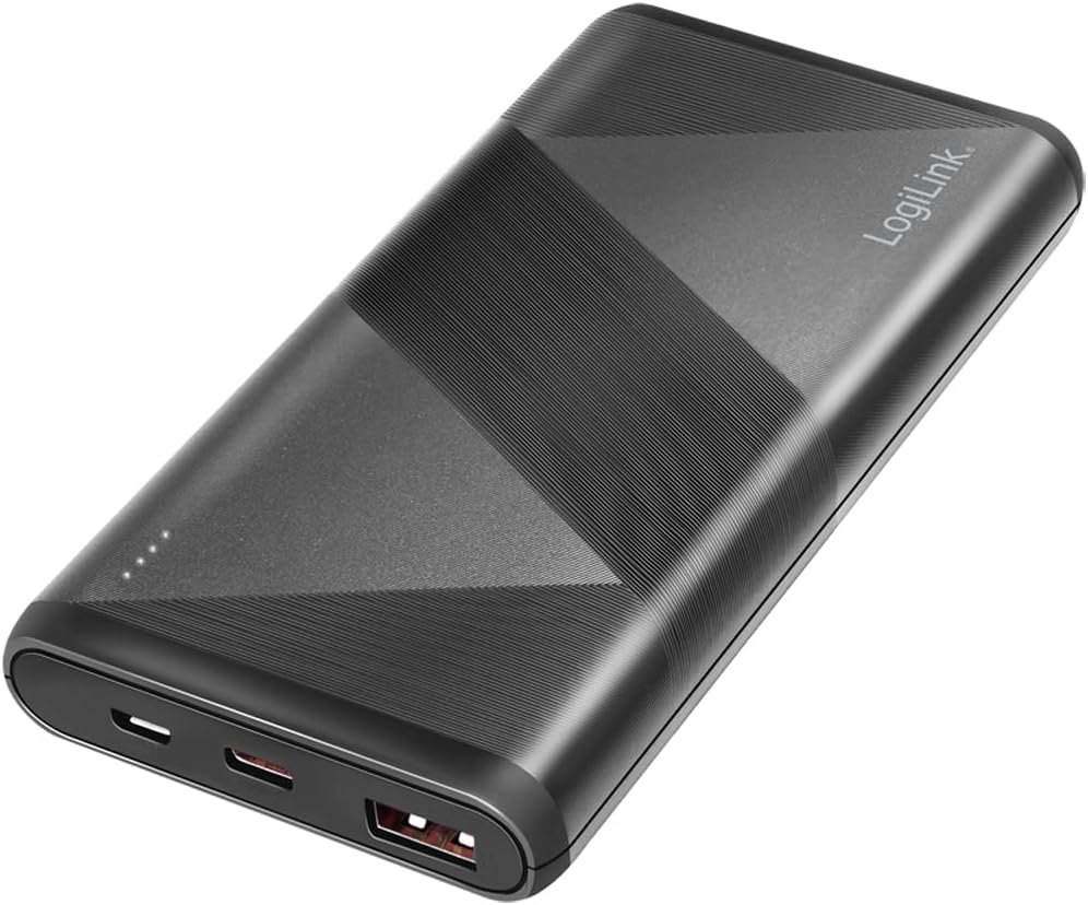 Logilink PA0275 Power Bank 10,000 mAh, 1 x USB-A QC (QuickCharge 3.0) and 1 x USB-C PD (Power Delivery 2.0), Includes 2-in-1 Cable, Black