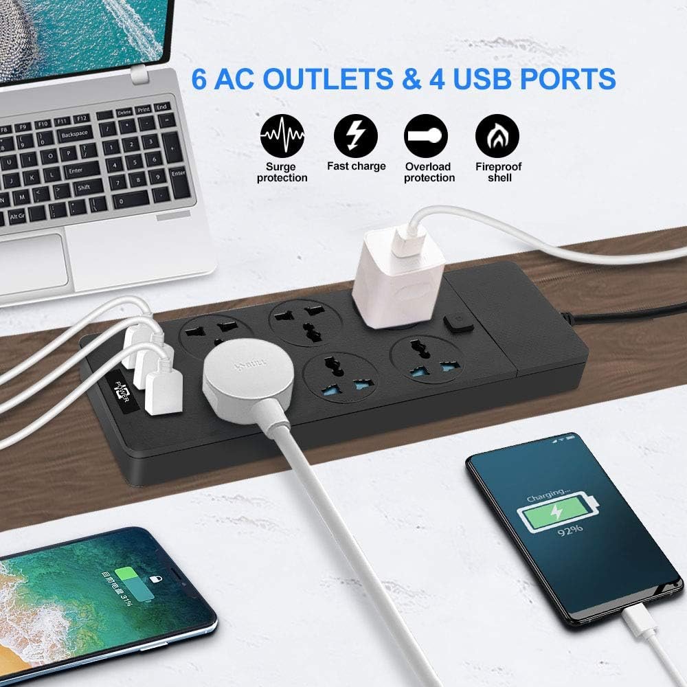 Maozua Universal Power Strip With 6 Oulets And 4 Usb 65ft Extension Cord 3000w Universal Power Strip Surge Protector 110 1