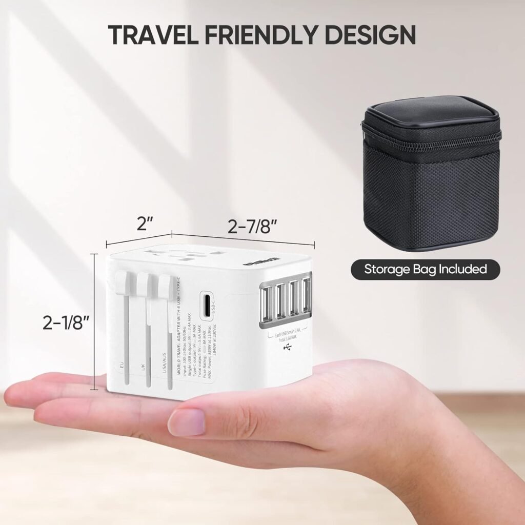 ROMECH Universal Travel Adapter, PD 45W International Plug Adaptor AC Wall Charger for Global Travelling USA Europe EU UK AUS (Type C PD 45W + Three Type A, White)