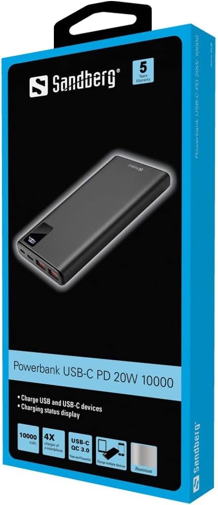 Sandberg Powerbank USB-C PD 20W 10000 Powerbank USB-C PD 20W 10000, 420-58 (Powerbank USB-C PD 20W 10000, Black, Universal, Aluminium, Rectangle, 10000 mAh, USB)