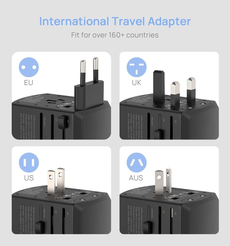 SCOOFEX International Plug Adapter, Universal Travel Adapter Electric Outlet with 4 USB Ports - Wall Charger AC Plug Type C Type A Type G Type I for US/EU/UK/AU/Asia/China/Japan 150+Countries