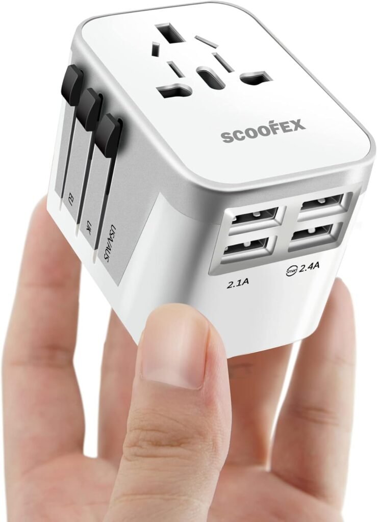 SCOOFEX International Plug Adapter, Universal Travel Adapter Electric Outlet with 4 USB Ports - Wall Charger AC Plug Type C Type A Type G Type I for US/EU/UK/AU/Asia/China/Japan 150+Countries