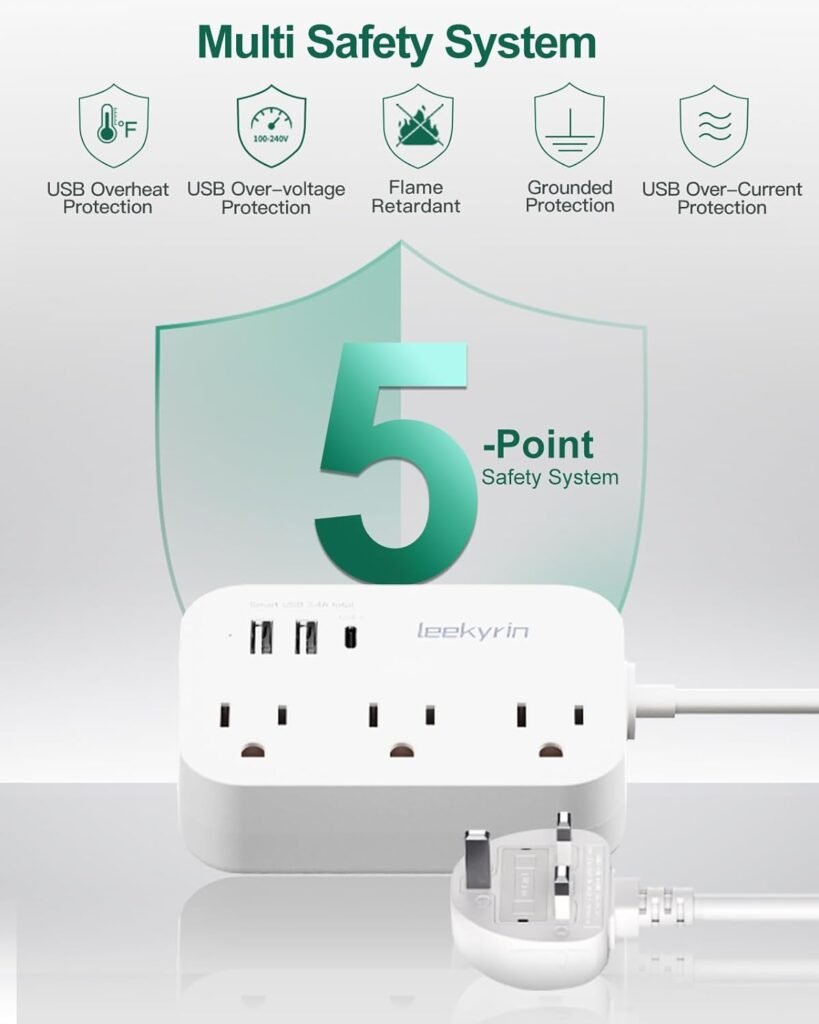 UK Ireland Travel Plug Adapter, US to UK Plug Adapter, Type G Travel Adapter with 3 Outlets 3 USB(1 USB C), 5FT Extension Cord, for US to Scotland London England British Irish Dubai Hong Kong, White