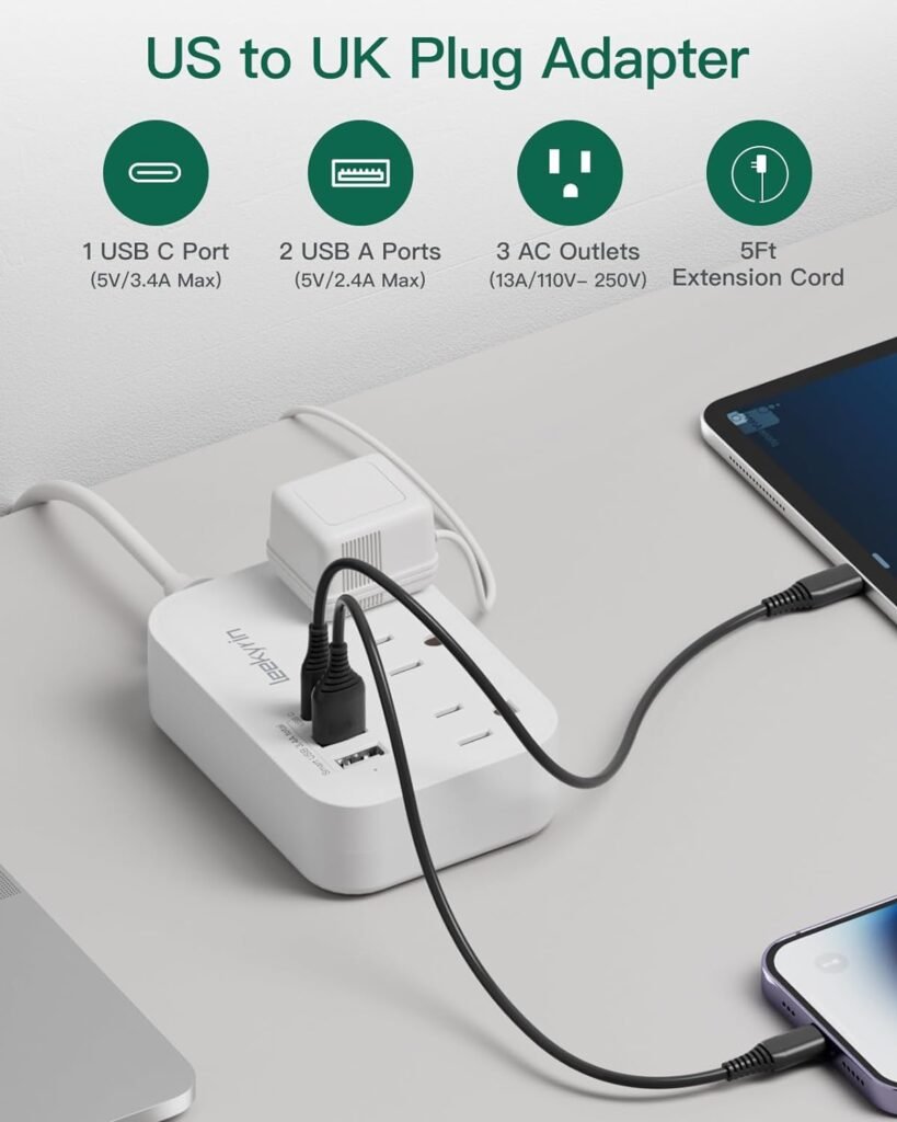 UK Ireland Travel Plug Adapter, US to UK Plug Adapter, Type G Travel Adapter with 3 Outlets 3 USB(1 USB C), 5FT Extension Cord, for US to Scotland London England British Irish Dubai Hong Kong, White