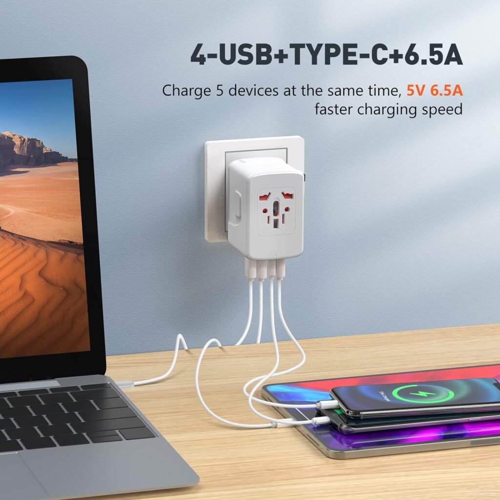 Universal Travel Adapter Worldwide - European Travel Plug Adapter Power Outlets 5V6.5A 5 USB Type C International Plug Adapter Travel Charger Europe US to EU UK AU Japan Switzerland Ireland Italy