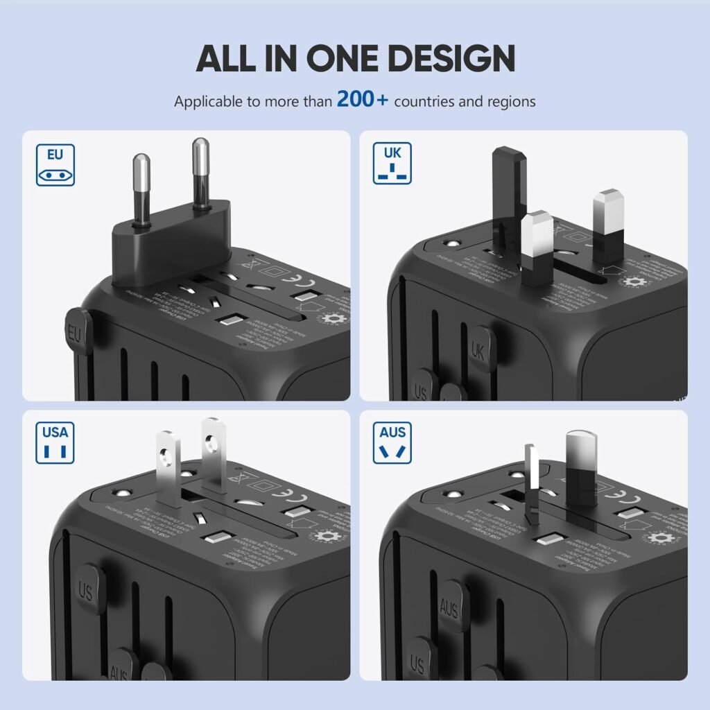 Universal Travel Adapter, Worldwide Travel Power Adapter, International Travel Plug All in One Power Plug Adapter with USB C Port Fast Wall Charging for European, Italy, US, AU  More 170 Countries