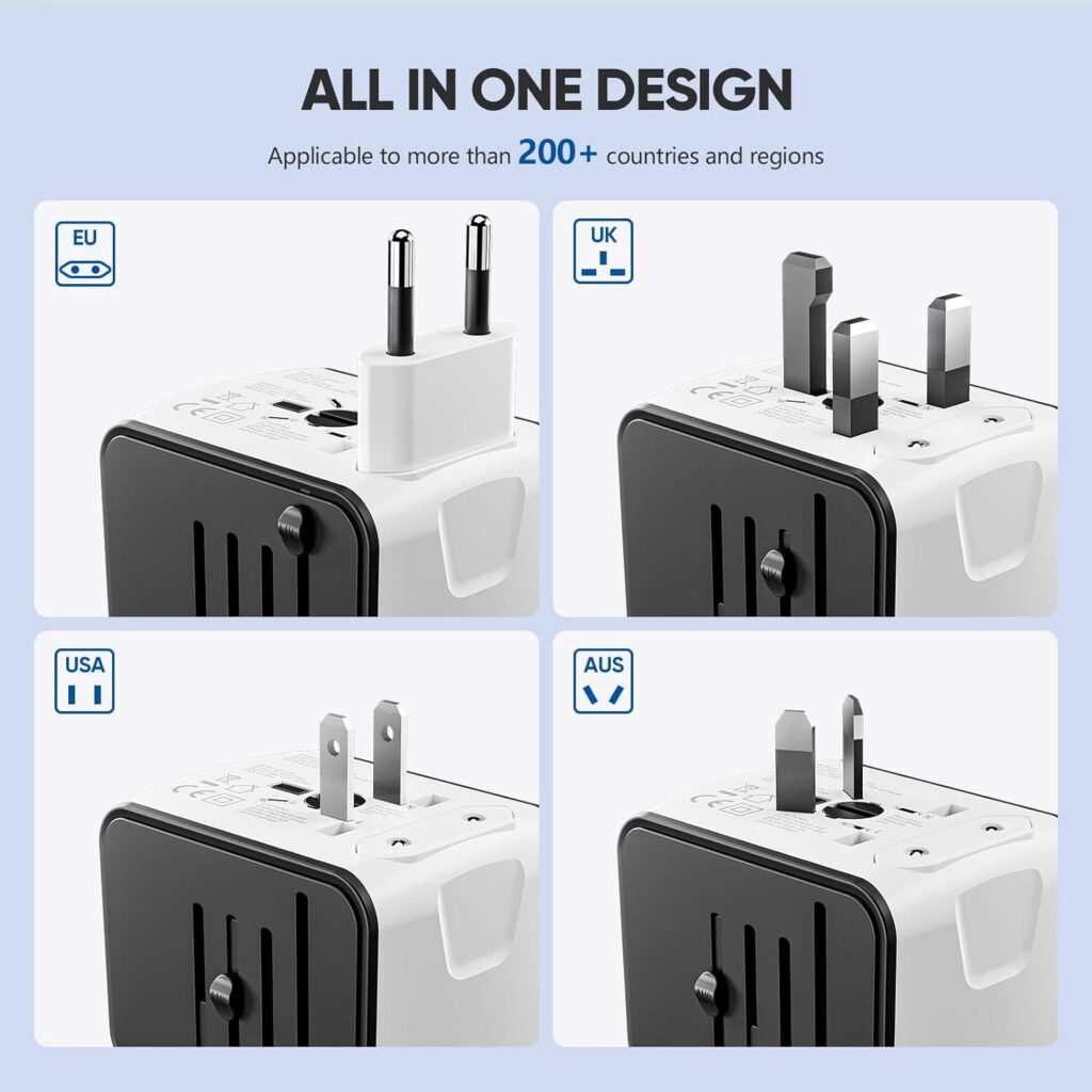 Universal Travel Adapter, Worldwide Travel Power Adapter, International Travel Plug All in One Power Plug Adapter with USB C Port Fast Wall Charging for European, Italy, US, AU  More 170 Countries