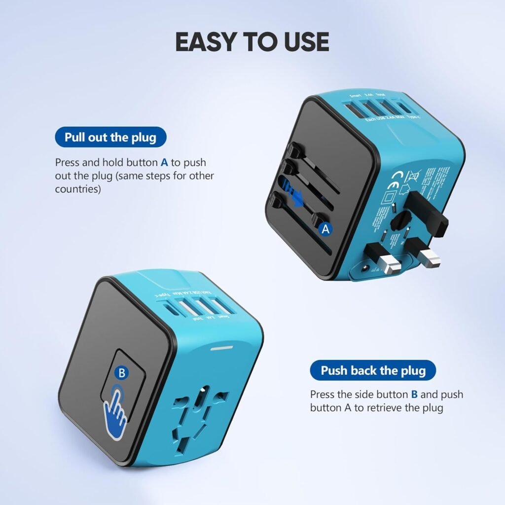 Universal Travel Adapter, Worldwide Travel Power Adapter, International Travel Plug All in One Power Plug Adapter with USB C Port Fast Wall Charging for European, Italy, US, AU  More 170 Countries