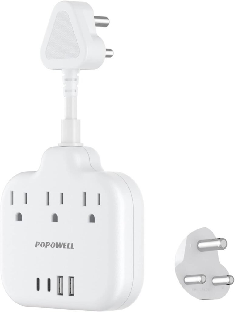 Us to India Plug Adapter, India Travel Adapter with 4 USB (2 Type C) Chargers 3 American Outlets, Outlet Adapter for USB to India, Pakistan, Bangladesh, Short Cord, 0.6 ft, Type D Plug