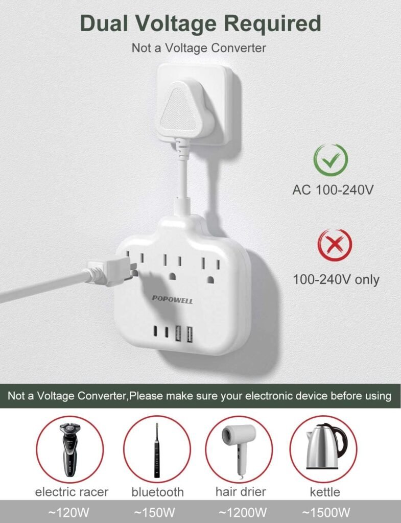 Us to India Plug Adapter, India Travel Adapter with 4 USB (2 Type C) Chargers 3 American Outlets, Outlet Adapter for USB to India, Pakistan, Bangladesh, Short Cord, 0.6 ft, Type D Plug