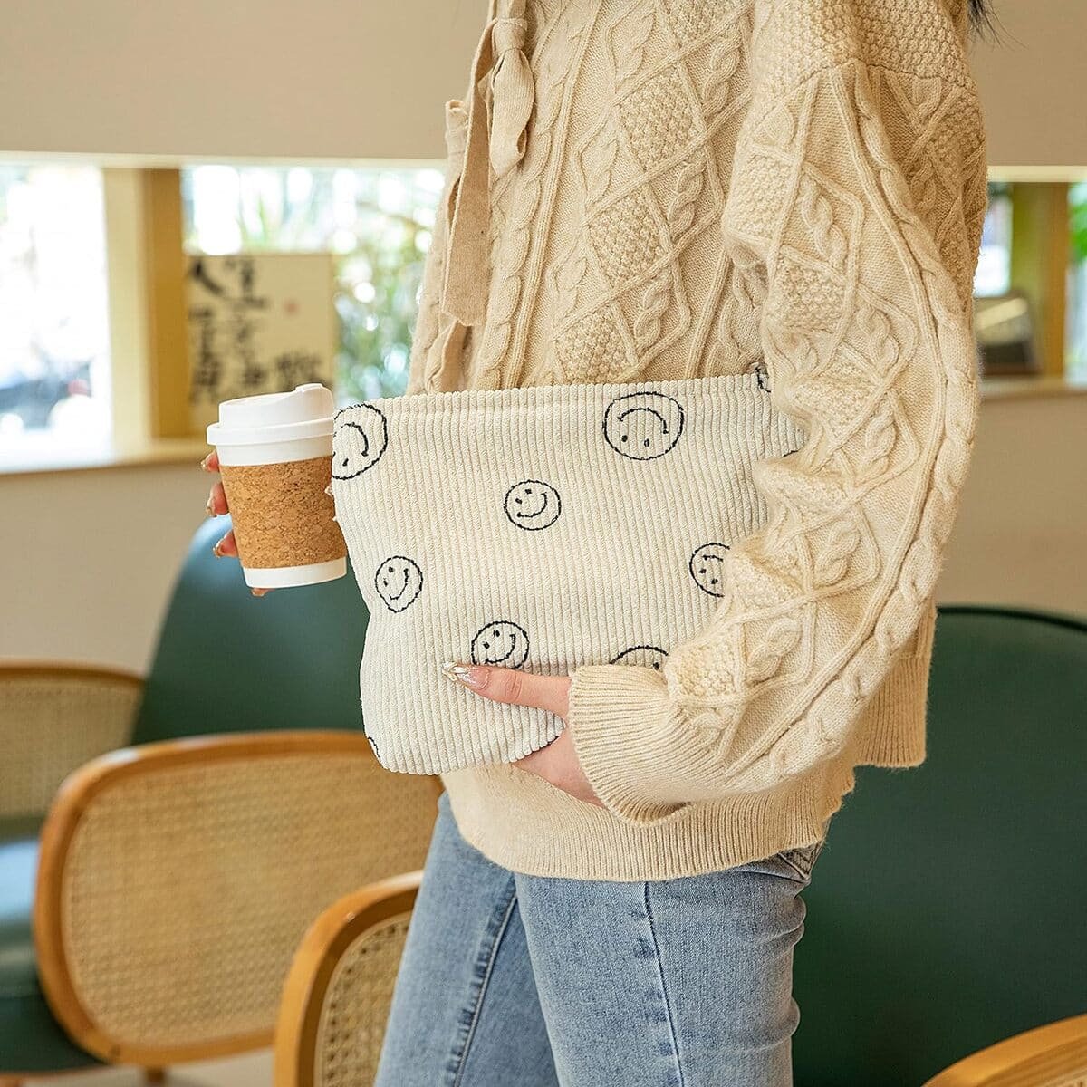 Beige Corduroy Makeup Bag With Smiley Design