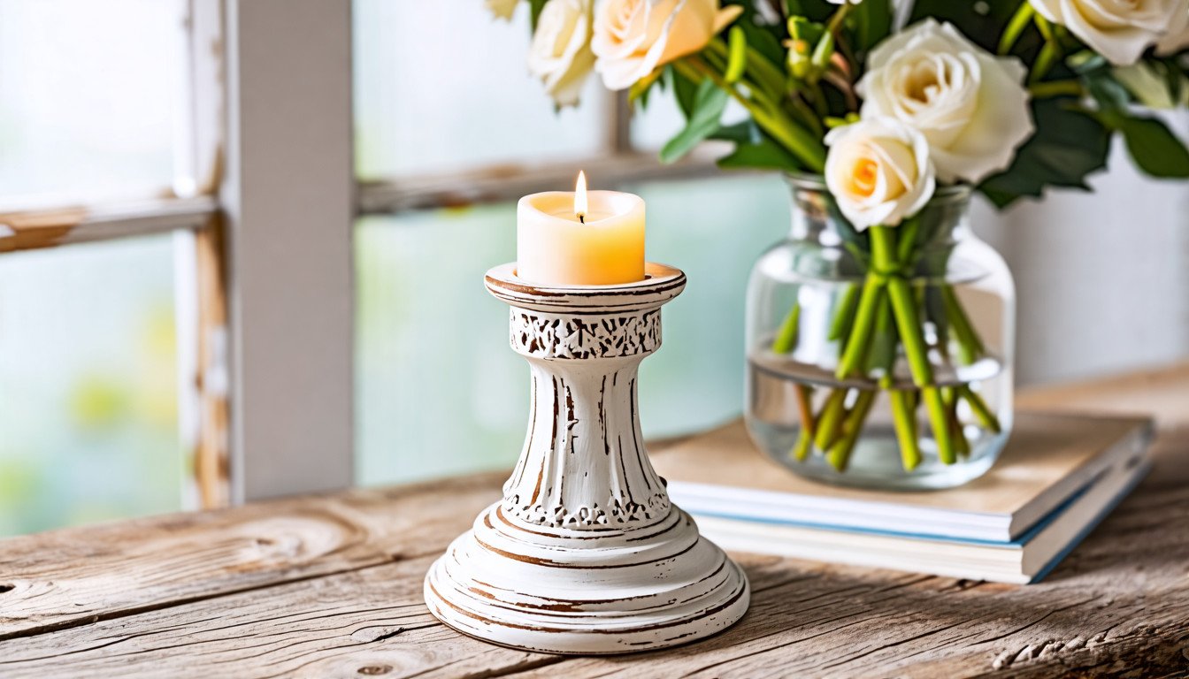 Stonebriar Antique White Wooden Pillar Candle Holder, Vintage Seaside Pillar Stand for Dining Table Centerpiece, Coffee Table, Mantel, Or Any Table Top, Medium